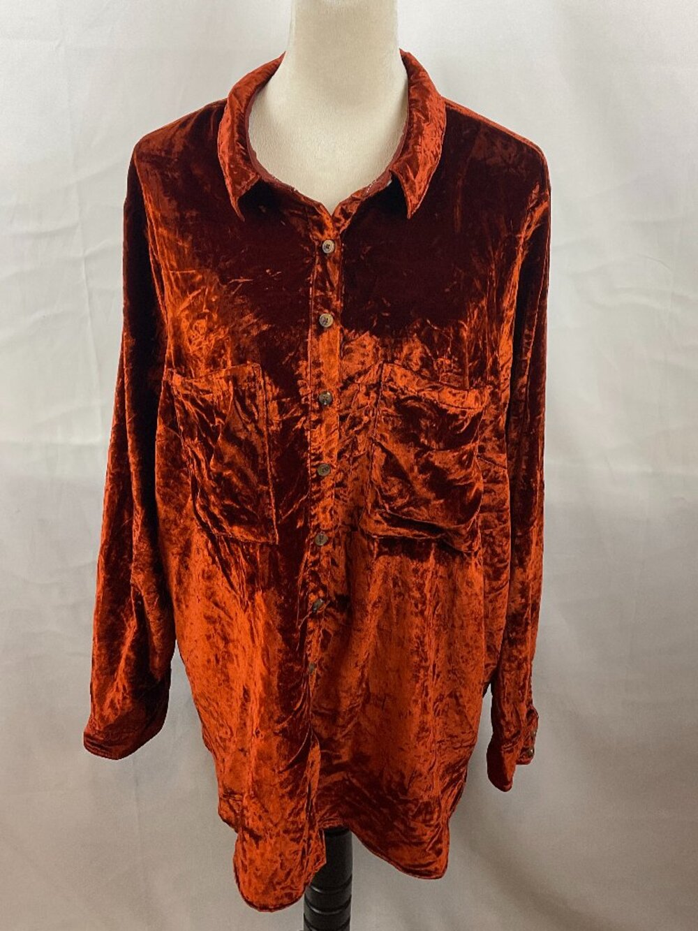 Pilcro Crushed Velvet Blouse 2X Russet Red Long Sleeve Button Front